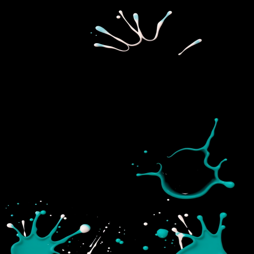 create a vibrant and dynamic image of a black background adorned with a whimsical border of teal and white splashes, using a Canon EOS R5 with a 50mm f/1.2 lens, at aperture f/2.8, shutter speed 1/200s, ISO 100, in a high-contrast editorial style.