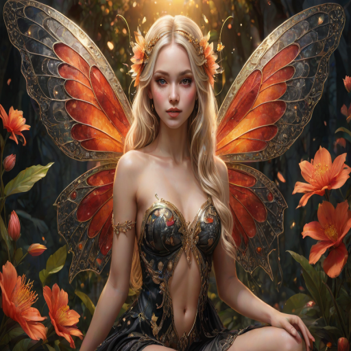 A digital artwork features a winged fairy with delicate Scarlet butterfly wings, adorned with intricate Kiwi andOrange patterns. She is seated on a vibrant Charcoal flower, wearing a revealing red two-piece outfit with sparkling beadwork. Her fair skin, long blonde hair, and gold jewelry add to her ethereal appearance. The background is a warm, golden gradient, creating a magical atmosphere. Small glowing orbs and sparkles surround the flower, enhancing the enchanting, highly detailed, and realistic scene.