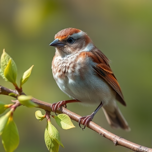 Capture a close-up of a tree sparrow perched on a branch with fresh leaves, using a DSLR camera, 85mm lens, f/4 aperture, 1/250 sec shutter speed, ISO 200, natural light, shallow depth of field to enhance detail and clarity.