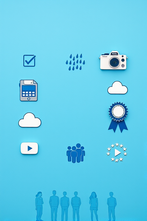 Create an image with a minimalist design featuring icons: a checklist, floppy disk, camera, smartphone, clouds, rain, play button, award ribbon, and group of people, use a Canon EOS R camera, aperture f/2.8, ISO 100, 50mm lens, top-down view, vibrant blue color scheme for enhanced clarity and quality.