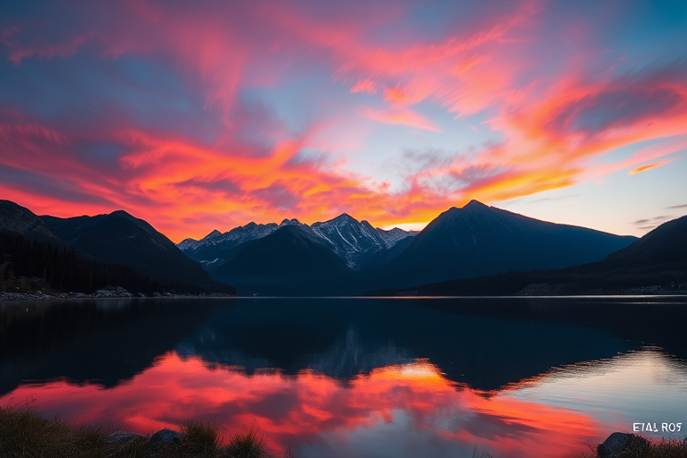 Create a high-resolution image of a serene landscape with mountains in the background, vibrant sunset colors reflecting on a calm lake, taken with a Canon EOS R5 at f/11, ISO 100, shutter speed 1/125s, using a wide-angle lens from a low angle perspective.