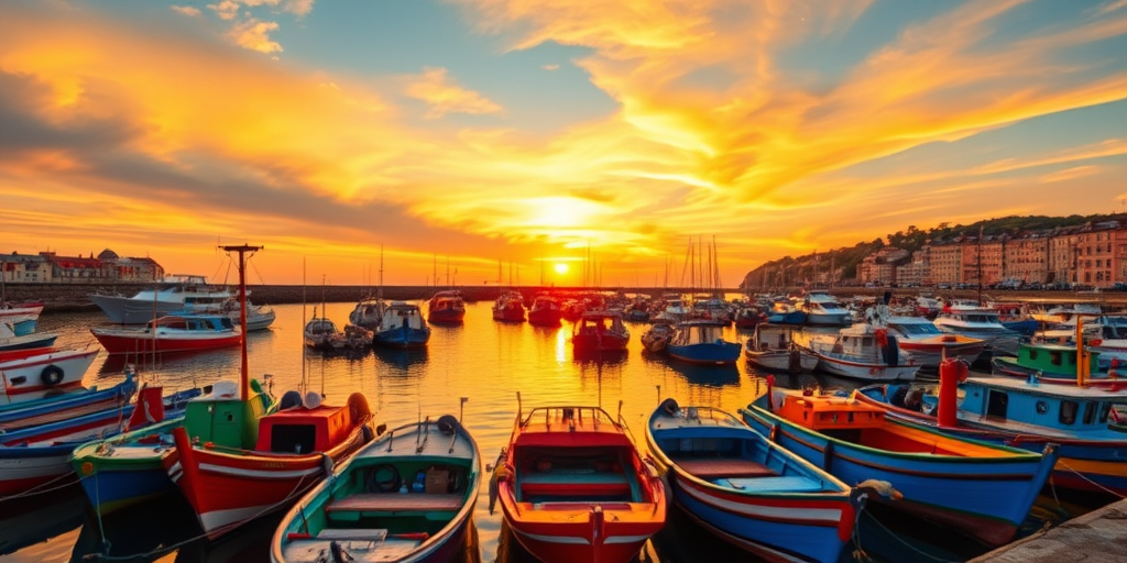 Capture a vibrant sunset over a harbor filled with colorful fishing boats, using a DSLR camera at f/8, ISO 100, shutter speed 1/60 sec, wide-angle lens, high dynamic range, with a slight tilt-shift perspective to enhance the image quality.