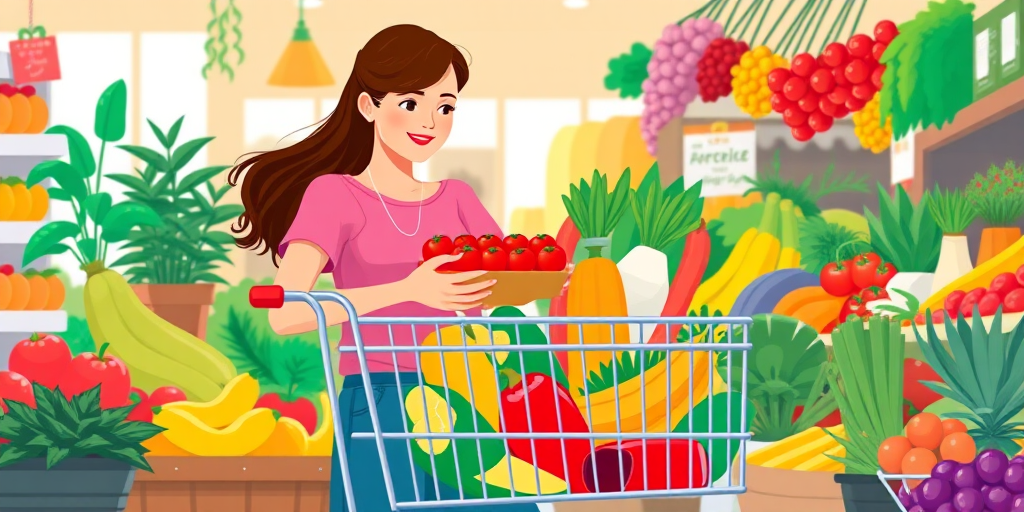 illustration of a young woman shopping with a cart full of colorful groceries, holding a container of tomatoes, surrounded by fruit and plants, flat design style, vibrant colors, 4K resolution, DSLR camera, f/2.8 aperture, 35mm lens, natural lighting, slight depth of field