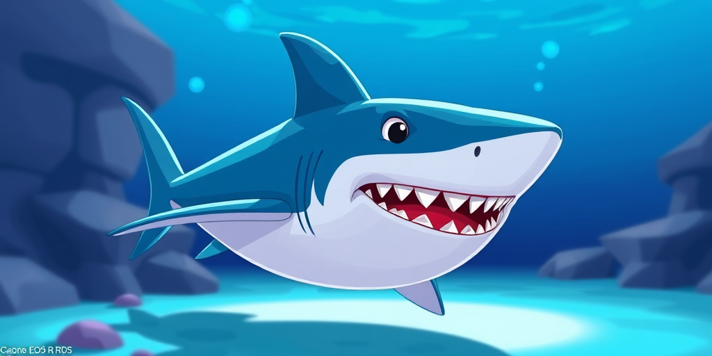 Create a high-resolution cartoon image of a shark, using a Canon EOS R5 camera, aperture f/8, ISO 100, 50mm lens, with a clean, minimalistic background and vibrant colors.
