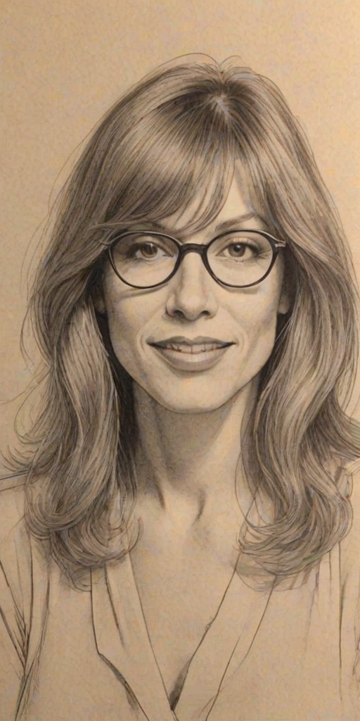Fetching Carly Simon, pencil sketch, portrait of Beauteous woman 1929s in glasses, hair style beatnik, outline, clear lines, fine lines, 8k