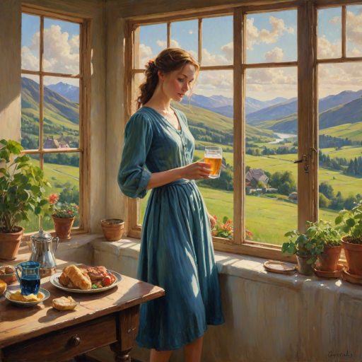In "A Glass of Beer on the Highland," a serene scene is depicted in a sunlit room where a woman in a vibrant blue dress stands by a large window. She holds a tray with a hearty meal and a frothy glass of beer, embodying a moment of relaxation. Outside, the breathtaking highland landscape features rolling green hills and a charming traditional house, all bathed in warm afternoon light. The interior is adorned with potted plants, creating a harmonious blend of comfort and nature. The painting beautifully captures the tranquility and joy found in simple pleasures amidst stunning scenery