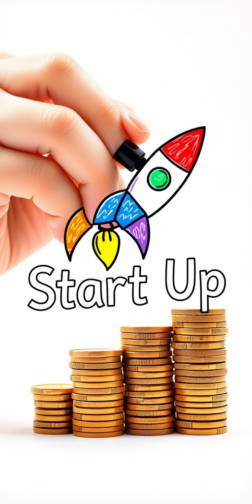 Create an illustration of a hand drawing a colorful rocket with coins stacked beside it and the text 'Start Up' in a creative font, using a DSLR camera at 50mm, f/1.8 aperture, 1/200 shutter speed, natural lighting, and a shallow depth of field to enhance image quality.