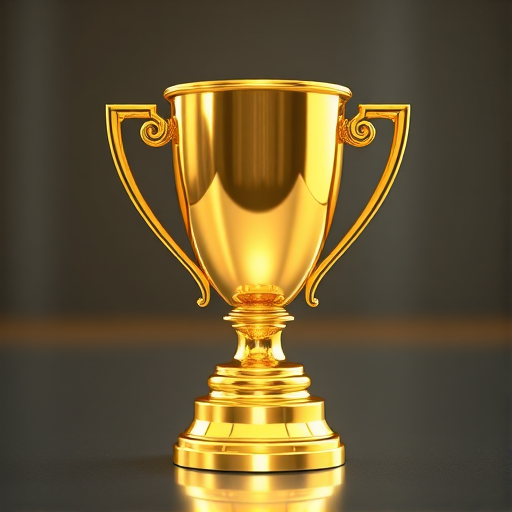 generate a highly detailed 3D render of a golden trophy with a polished finish, placed on a reflective surface with soft lighting, use a DSLR camera with a 50mm lens, aperture set to f/1.8, ISO 100, shutter speed 1/100s, focus on the trophy, maintain a shallow depth of field to blur the background.