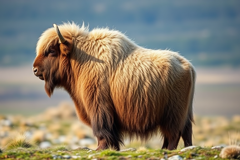 Create a high-resolution image of a musk ox standing upright and in profile, with detailed fur texture, taken with a DSLR camera at 50mm, f/2.8 aperture, 1/200 sec shutter speed, using natural lighting to enhance clarity and details.