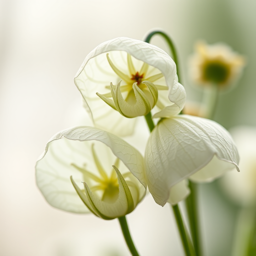 Create a highly detailed illustration of delicate lantern flowers with intricate veins and textures, set against a soft, blurred background, using a Canon EOS R5 with a 100mm f/2.8 macro lens, aperture set to f/4 for enhanced depth of field, shot at ISO 200 with a natural light setup.