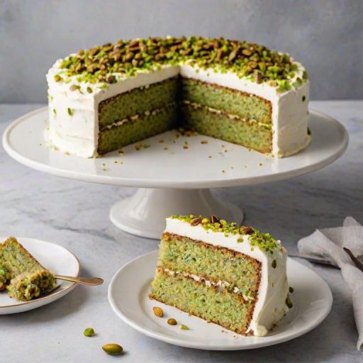 Create an image of a layered cake with a smooth white frosting on top. The cake should have a slice missing, revealing its moist interior. Decorate the top with crushed pistachios and a few whole ones for garnish, and place the cake on a simple white plate against a neutral background.