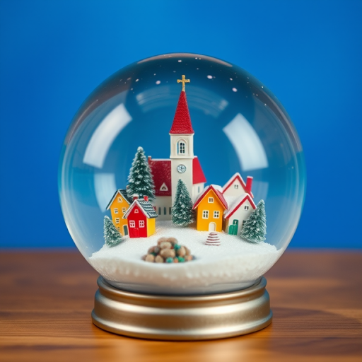 Generate an image of a snow globe featuring a winter scene with colorful houses, a church, and a tree, set against a solid blue background, captured with a DSLR camera at f/4, 35mm lens, ISO 100, with a soft focus effect to enhance depth and detail.