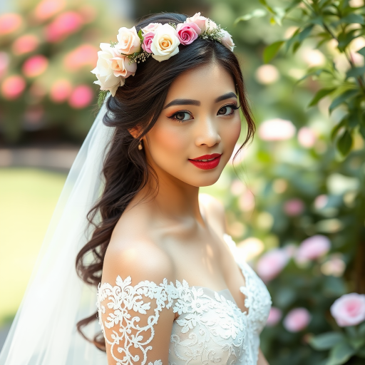 garden scene, Filipina bridal model, delicate lace gown, floral headpiece, soft romantic focus, high-key lighting and an 85mm lens for soft, even tones that highlight the model’s face and bright outfit against a white or light background