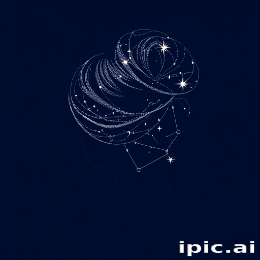 Celestial constellation map etched in shimmering silver against a backdrop of deepest navy, styled in an elegant updo with twinkling star accents