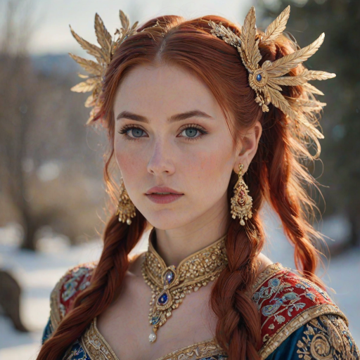A young woman with long, flowing red hair, wearing a traditional, ornate red and blue costume with gold accents and intricate embroidery, stands facing the viewer in a close-up portrait. Her hair is styled in a high ponytail and adorned with a pair of golden, winged hairpieces. She wears gold earrings and her makeup is accented with light pink blush and a bright red lip. She has a soft and slightly melancholic expression, with her eyes looking directly at the camera. The background is a blurred, out-of-focus snowy landscape, with the woman in the foreground. The lighting is soft and natural, creating a warm, intimate atmosphere. The image is composed using a shallow depth of field, with the woman as the main focal point. The overall style is elegant, delicate, and fairytale-like.