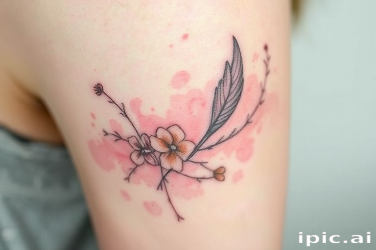 Delicate "Watercolor Whisper" tattoo style characterized by soft, dreamy washes of pastel hues blending seamlessly into one another, creating an ethereal and romantic aesthetic reminiscent of impressionist paintings, with subtle outlines and strategically placed splatters adding depth and texture to the design, evoking a sense of lightness and transience that beautifully complements nature-inspired motifs such as flowers, birds, or landscapes