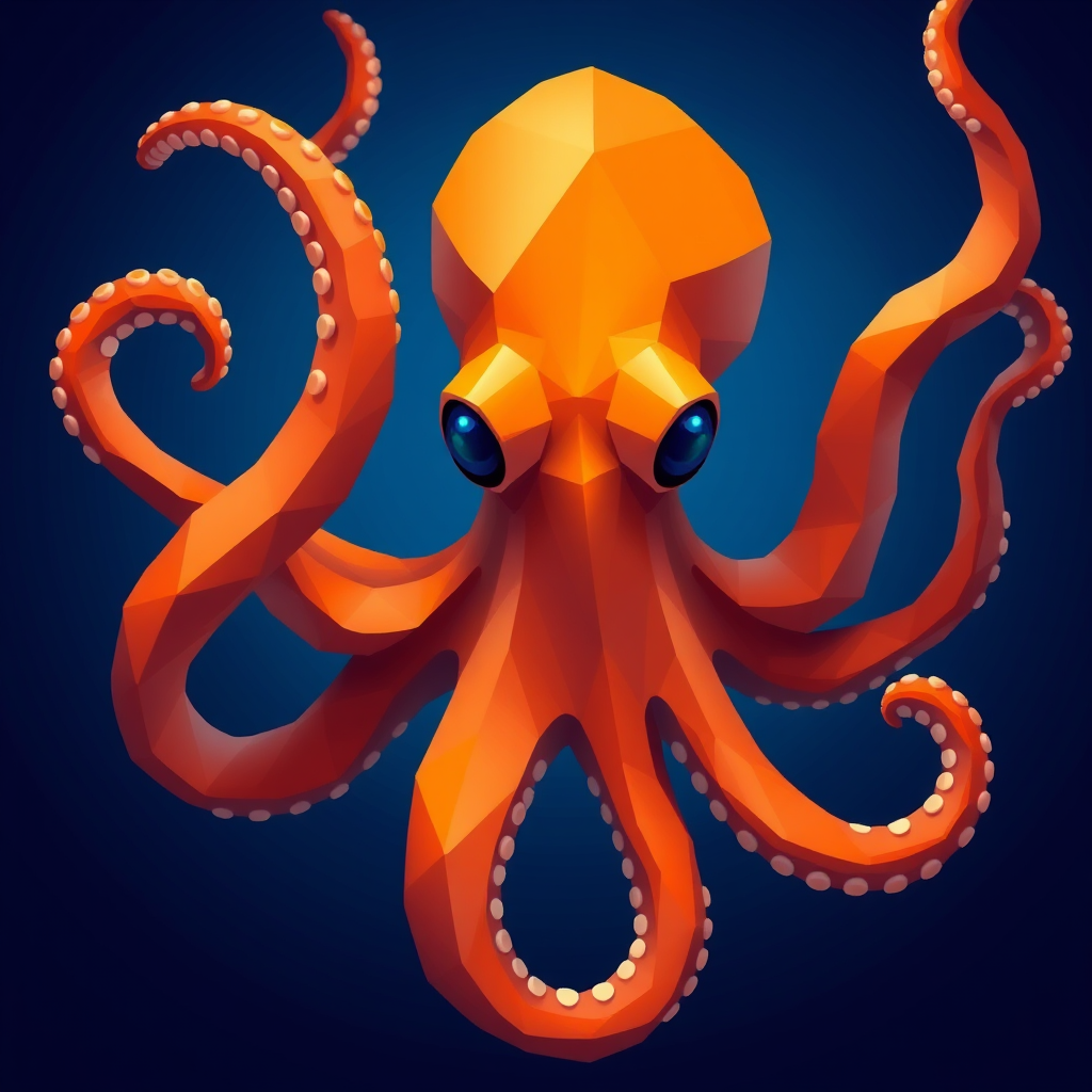 Create a vibrant and stylized illustration of a polygonal octopus with a rich orange color, surrounded by a deep blue background, using a high-resolution digital art style with soft lighting; specify a camera style of macro photography with f/2.8 aperture, ISO 100, and 24mm focal length to enhance the image quality.