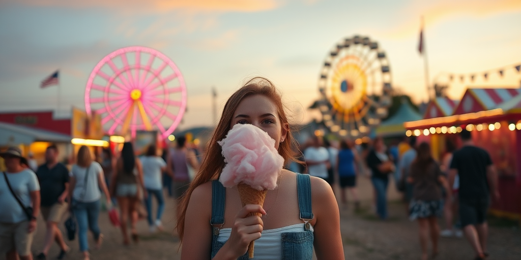 Small-town fairground at sunset, the Ferris wheel turning slowly in the distance, a woman with a cone of cotton candy walks through the crowd, her eyes wide with wonder.