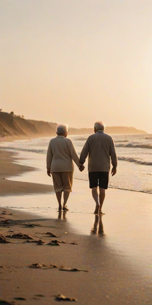 Blurry, candid photo of an elderly couple holding hands while walking along a sandy beach at sunset, soft golden light reflecting off the ocean waves, distant seagulls flying overhead.