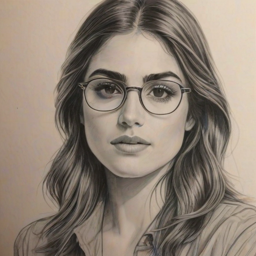 Resplendent Nikki Reed, pencil sketch, portrait of Beauteous woman 1976s in glasses, hair style beatnik, outline, clear lines, fine lines, 8k
