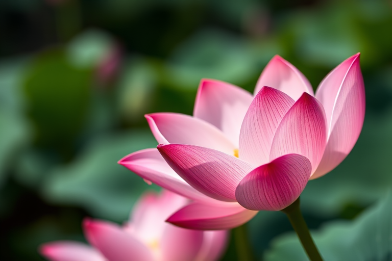 photograph a vibrant pink lotus flower in full bloom, close-up view, shallow depth of field, aperture f/2.8, ISO 100, 50mm lens, natural lighting, taken with a DSLR camera