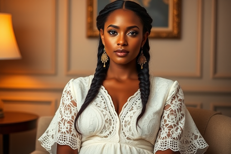 Create a portrait of a refined and elegant Samoan woman seated in a sophisticated setting. She has long, wavy hair styled in two thick braids that are pulled over her shoulders. She wears a white, lace gown with intricate patterns, featuring a deep V-neckline and short sleeves. The dress exudes a vintage charm with its delicate lacework. She is adorned with ornate, dangling earrings that add a touch of glamour to her appearance. The background is softly lit, with warm, ambient lighting that creates a cozy and inviting atmosphere. Her expression is poised and serene, capturing a sense of grace and elegance.