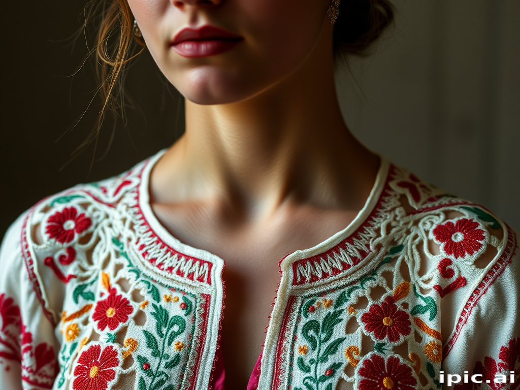 Face, shoulders, chest covered in openwork Ukrainian embroidery. Raw, unedited image.