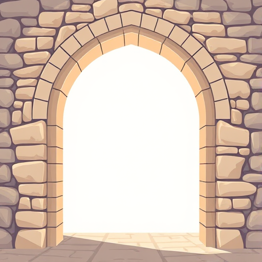 Generate an artistic illustration of a stone archway with a soft gradient background, using a DSLR camera type, 50mm lens, f/4 aperture, ISO 100, and a shallow depth of field to enhance image quality.