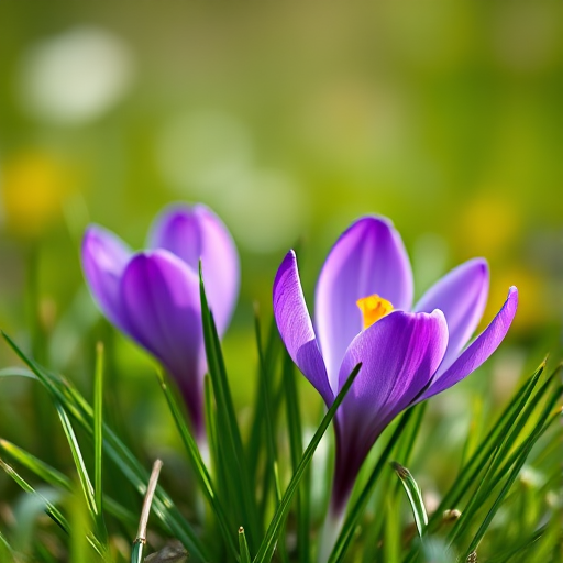 macro shot of a vibrant purple crocus flower surrounded by green grass with a soft blurred background, aperture f/2.8, shutter speed 1/250s, ISO 100, 50mm lens, taken on a DSLR camera, natural lighting