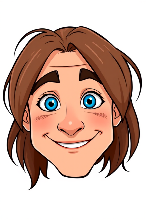 Create a high-resolution cartoon-style portrait of a bald man with brown hair on one side, blue eyes, and an orange smile, using a DSLR camera with a 50mm lens, aperture f/2.8, ISO 100, 1/200 sec shutter speed, set against a plain white background.