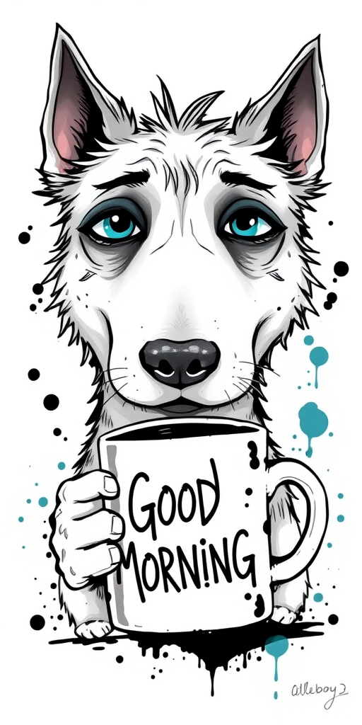 A quirky, artistic illustration of a disheveled akita pit dog breed with exaggerated, large eyes and spiky fur, holding a coffee mug that reads "Good Morning". The dog has a tired but humorous expression, with ink splatters and abstract details surrounding it, giving a whimsical feel to the image. The color palette is mostly monochrome with hints of blue in the eyes and steam rising from the mug, enhancing the overall sleepy vibe