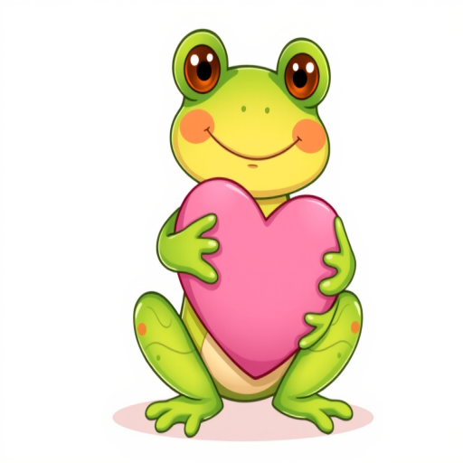 Create a cute cartoon frog character with a smiling face and rosy cheeks holding a large pink heart in its hands against a simple white background. The frog should have a friendly and cheerful expression, and the style should be playful and colorful.
