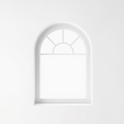 Regenerate an image of a simple arched window design with a clean white background, use a DSLR camera, aperture f/5.6, shutter speed 1/125 sec, ISO 100, shot from a front view, in a minimalistic style.