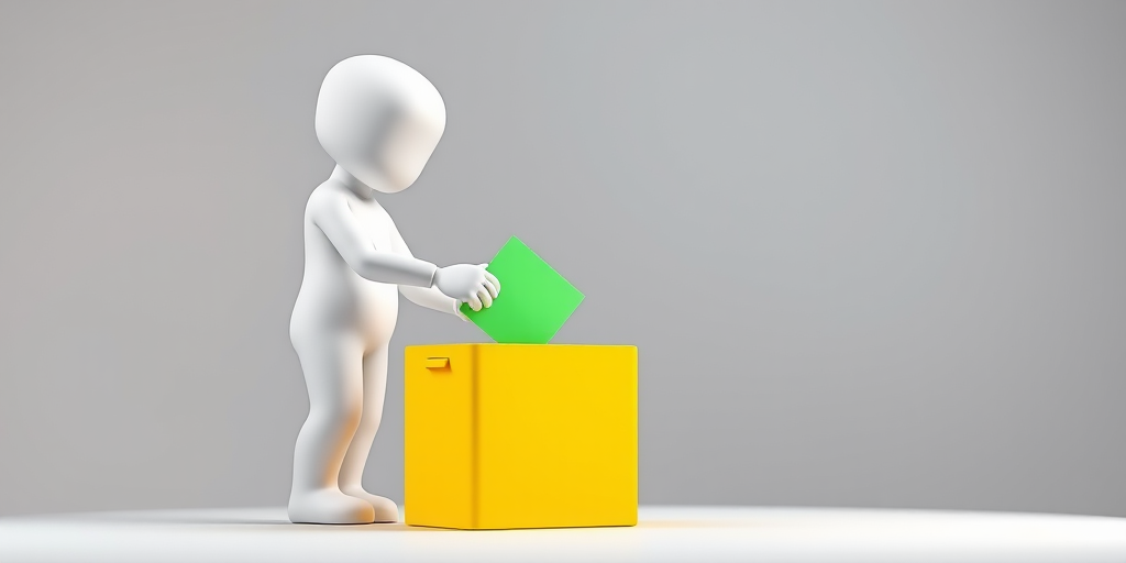 3D rendering of a white humanoid figure casting a green ballot into a bright yellow voting box, studio lighting, 50mm lens, f/2.8 aperture, ISO 200, soft focus background, high-resolution.