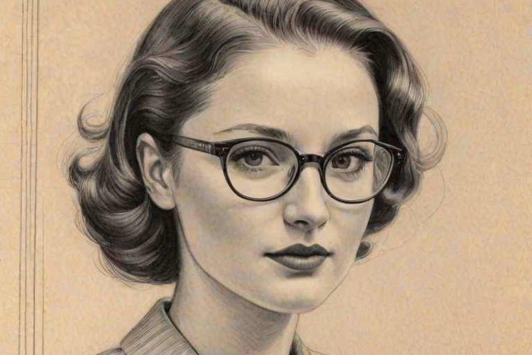 Fetching Emma Kenney, pencil sketch, portrait of Exquisite woman 1946s in glasses, hair style beatnik, outline, clear lines, fine lines, 8k