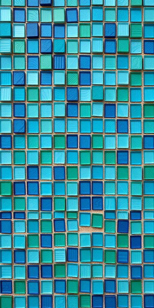 Generate a high-resolution image of a vibrant mosaic pattern with various shades of blue and green, using a Canon EOS R5 with a 50mm f/1.8 lens, aperture set to f/8, ISO 100, and a top-down view.