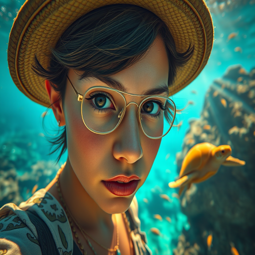 Realistic selfie image of a Hispanic, wearing a vintage outfit, detailed dreamy eyes, droopy hooded eyes, staring at the camera, taken underwater at coral reef with a sunbeam filtering through the water, vibrant, summer vacation, natural lighting, turtle and school of tropical fish with vibrant colors, rendered in the style of CryEngine, Pegi Nicol MacLeod, with realistic genre scenes, hauntingly beautiful narratives, ultra-realism, and Thomas Saliot's close-up technique, 8K resolution, crystal clear and sparkling water.