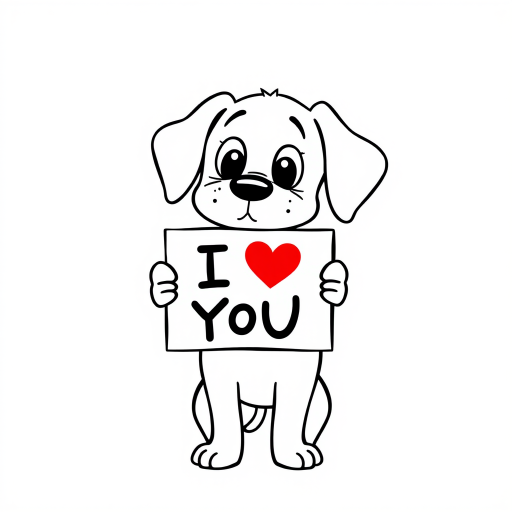 A minimalist cartoon of a PUPPY standing on a blank white background, holding a sign that simply says, 'I LOVE YOU.' The puppy is drawn with just a few lines: big eyes, whiskers, floppy ears, and a straight tail, giving it a comically desperate expression.