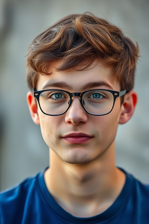 Create a high-resolution portrait of a young man with short brown hair and glasses, wearing a blue shirt, captured with a Canon EOS 5D Mark IV, 50mm f/1.8 lens, soft focus effect, natural lighting, and a slight vignette for depth.