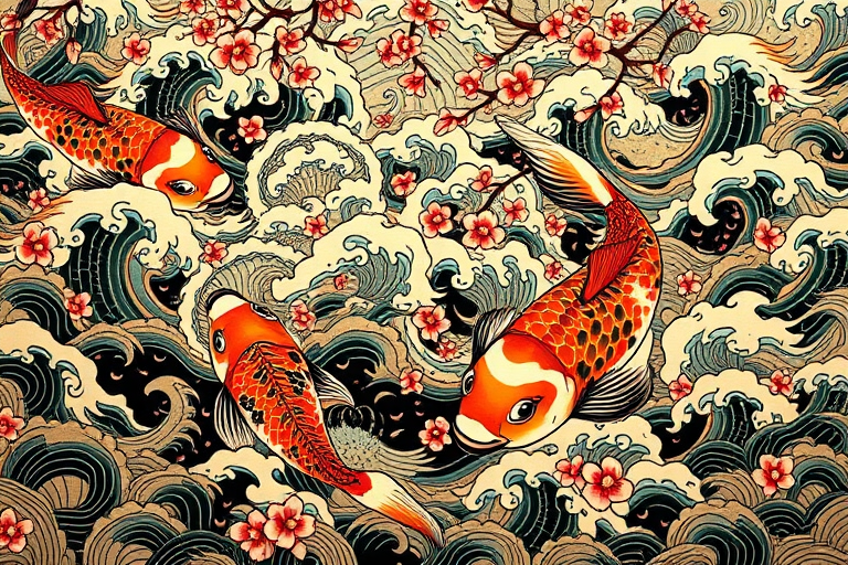 Elegant Japanese irezumi tattoo called "Koi Ascension" showcasing a large-scale composition of koi fish swimming upstream through swirling water and cherry blossoms rendered in vibrant colors with bold black outlines and intricate background patterns incorporating traditional Japanese motifs such as waves clouds and wind bars to create a dynamic flow across the entire body