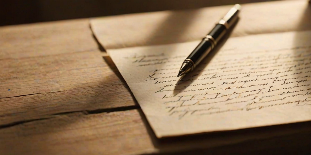 Close-up of a handwritten letter on a wooden desk, with soft sunlight streaming through a nearby window, casting delicate shadows across the paper and an old-fashioned pen resting beside it.