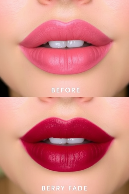 Gradient ombre lips transitioning from soft pink to deep berry, dubbed "Berry Fade," display a seamless color blend and hydrated appearance