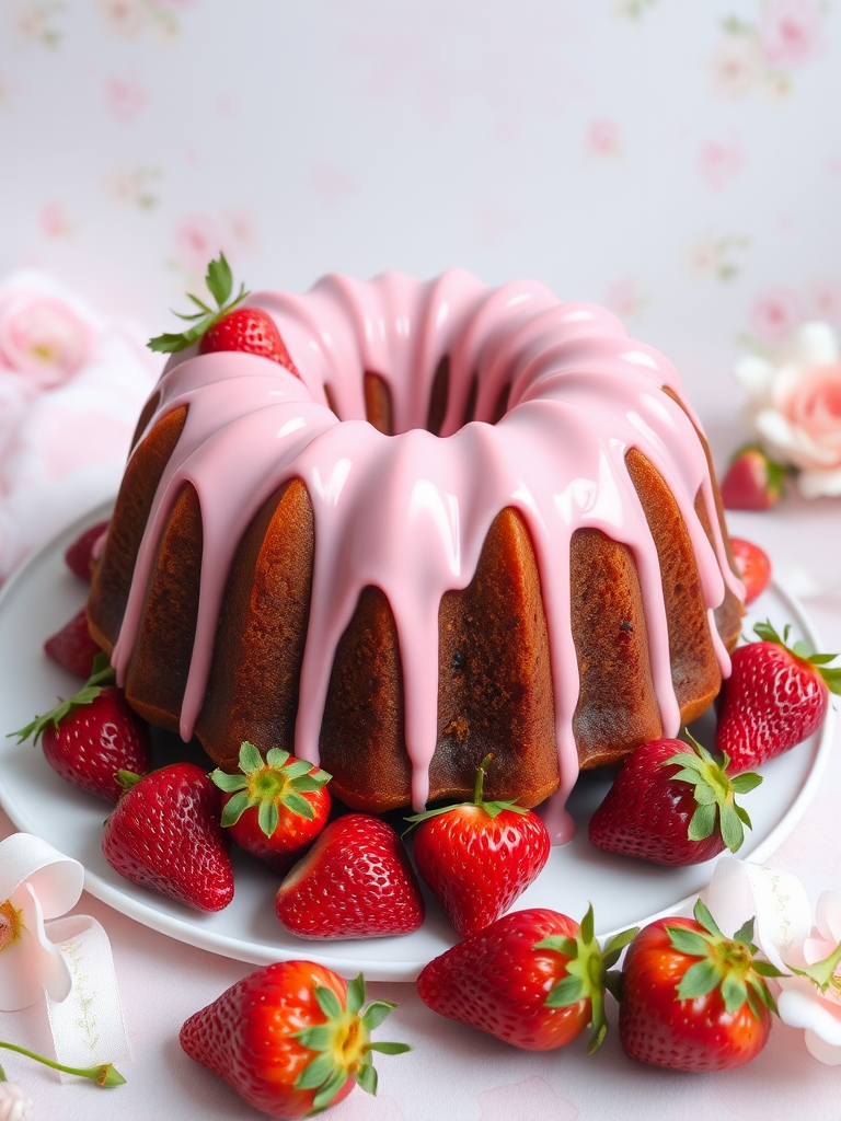 A beautifully decorated bundt cake with a smooth pink glaze dripping down the sides surrounded by fresh strawberries on a white plate with a soft pastel background and delicate floral accents.