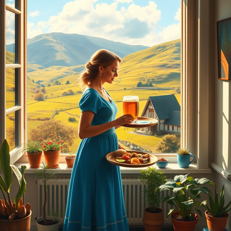 In "A Glass of Beer on the Highland," a serene scene is depicted in a sunlit room where a woman in a vibrant blue dress stands by a large window. She holds a tray with a hearty meal and a frothy glass of beer, embodying a moment of relaxation. Outside, the breathtaking highland landscape features rolling green hills and a charming traditional house, all bathed in warm afternoon light. The interior is adorned with potted plants, creating a harmonious blend of comfort and nature. The painting beautifully captures the tranquility and joy found in simple pleasures amidst stunning scenery