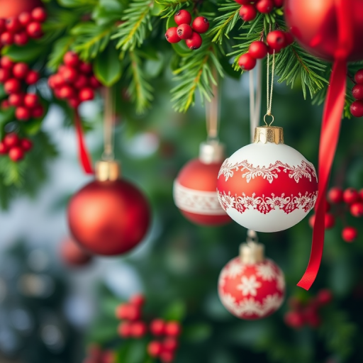 Create a vibrant holiday decoration scene featuring red and white ornaments hanging from lush green foliage with berries, soft focus, 50mm lens, f/2.8 aperture, ISO 100, natural light, DSLR camera.