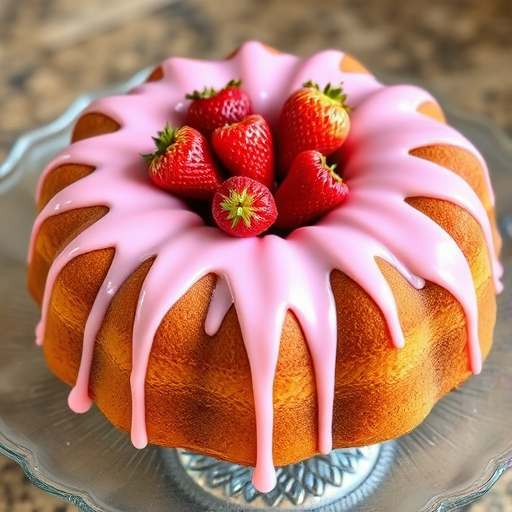 A round bundt cake with a smooth pink icing glaze drizzled over the top, adorned with fresh strawberries on the center, placed on a decorative glass platter. The cake has a golden-brown color and a glossy finish, with a textured surface that hints at a moist interior.