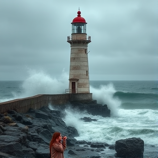 Old lighthouse on a rocky coastline, waves crashing against the shore, a woman in a raincoat stands at the base of the lighthouse, her hand shielding her eyes as she looks out over the stormy sea.