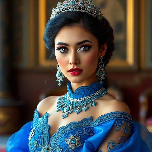 A gorgeous Bhutanese woman in a luxurious blue gown, accessorized with a dazzling tiara and statement earrings, her deep green eyes highlighted by impeccable makeup, poised in a royal setting, photorealistic, 8K quality