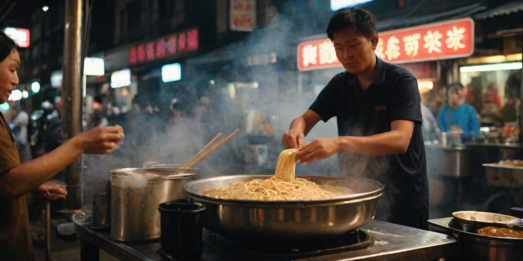 Blurry, candid photo of a street vendor serving steaming hot noodles to customers, soft focus on the motion of the vendor's hands, distant neon signs lighting up the bustling night market.