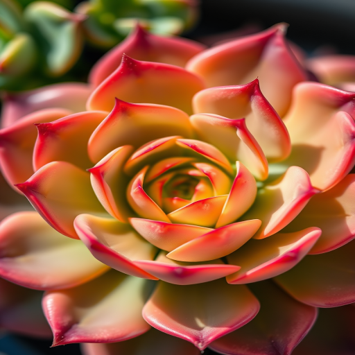 Close-up of vibrant succulent plant with intricate rosette patterns, soft natural lighting, shallow depth of field, macro lens, f/2.8 aperture, ISO 100, taken with a DSLR camera.